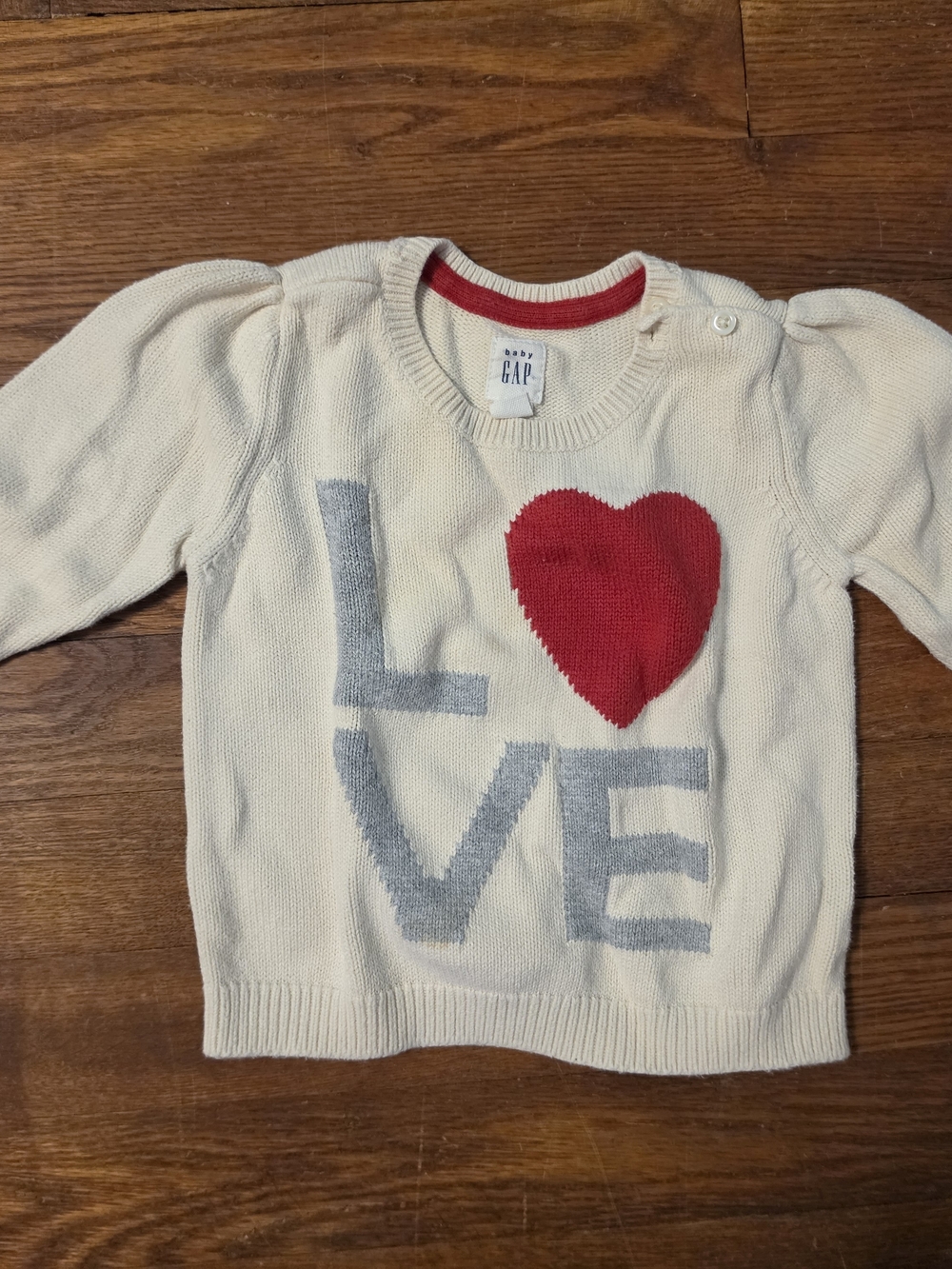 GAP Cream Knit Sweater with Red Heart and Gray LOVE